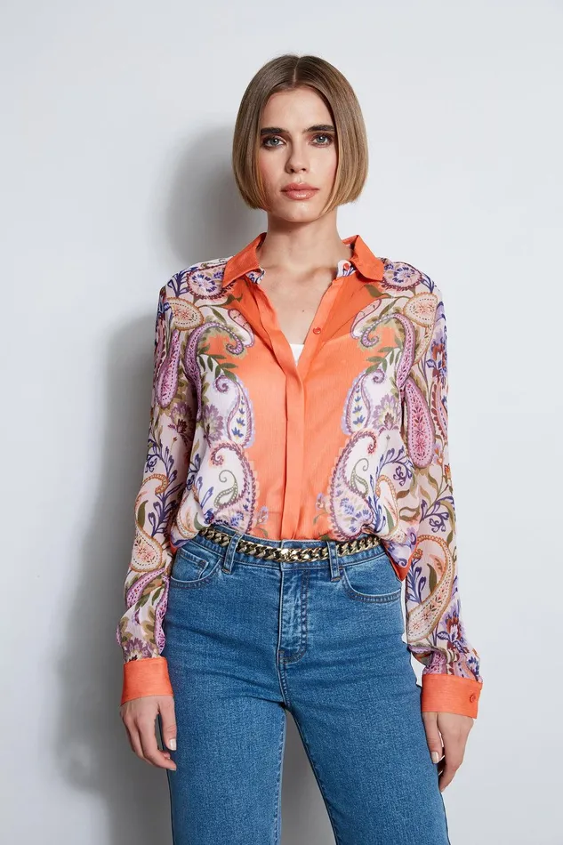 Elie Tahari Silk Paisley Button Down Shirt Multi Women Tops