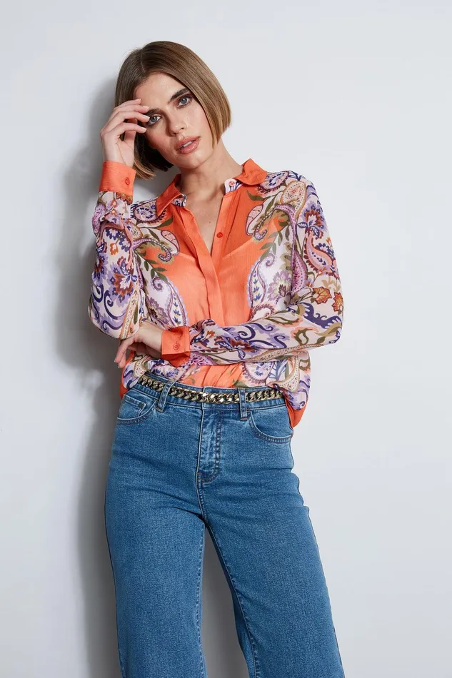 Elie Tahari Silk Paisley Button Down Shirt Multi Women Tops