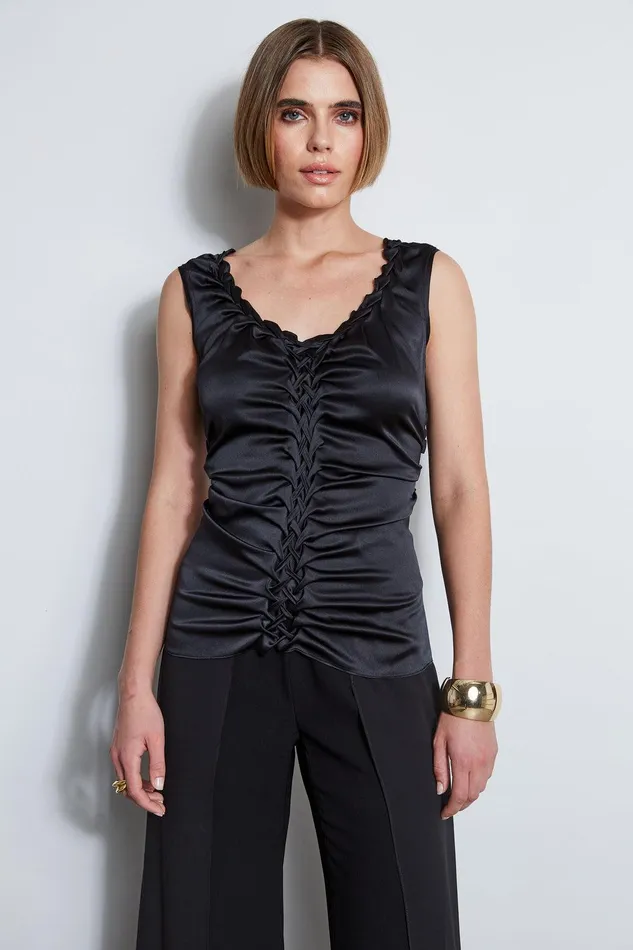 Elie Tahari Silk Satin Braid Ruched Top Black Women Tops
