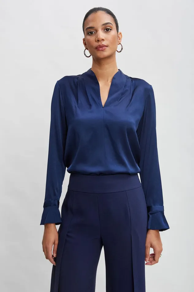 Elie Tahari Silk Satin Contour Neck Ruffle Cuff Shirt Midnight Women Tops