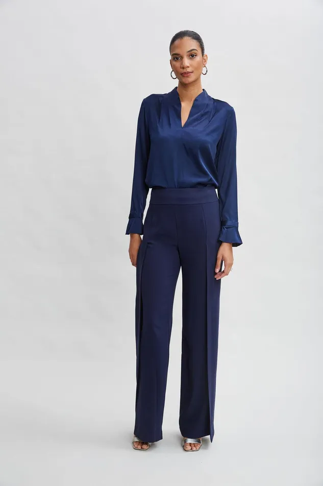 Elie Tahari Silk Satin Contour Neck Ruffle Cuff Shirt Midnight Women Tops