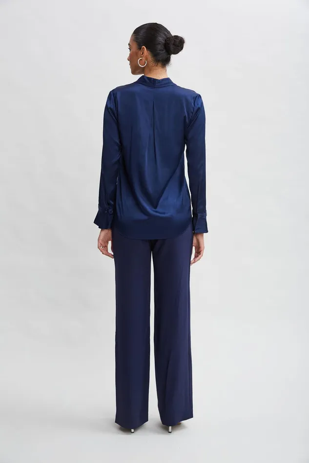 Elie Tahari Silk Satin Contour Neck Ruffle Cuff Shirt Midnight Women Tops