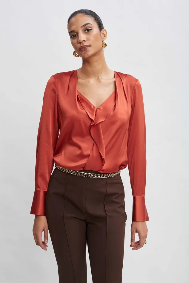 Elie Tahari Silk Satin Contour Ruffle Shirt Russet Women Tops