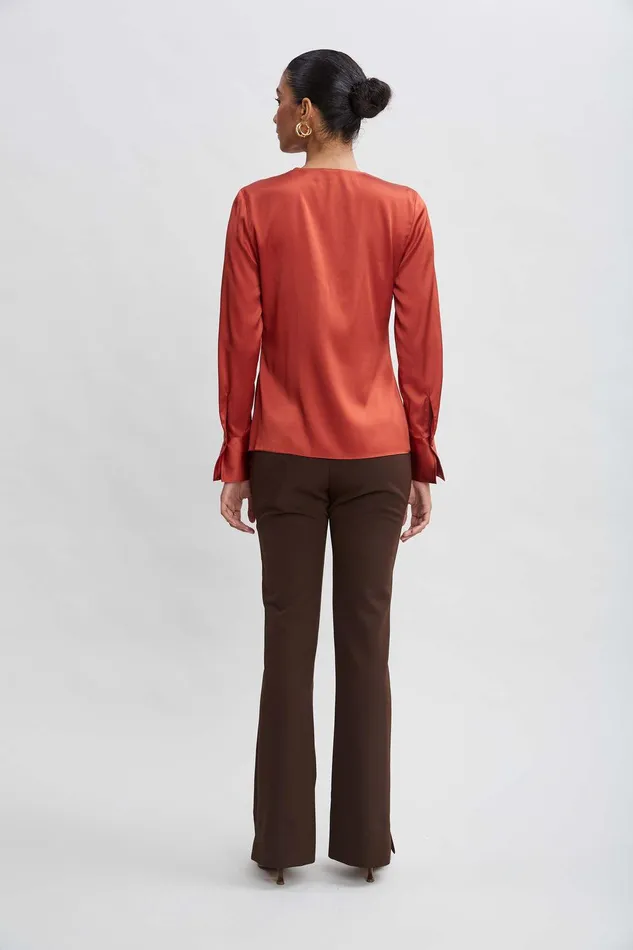 Elie Tahari Silk Satin Contour Ruffle Shirt Russet Women Tops