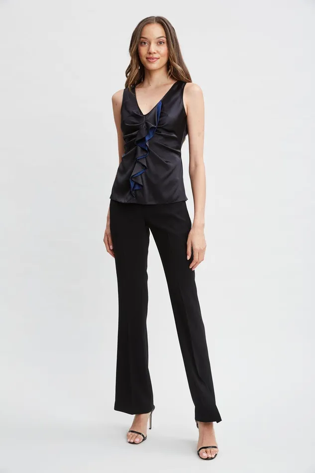 Elie Tahari Silk Satin Sleeveless Ruffle Top Black Women Tops