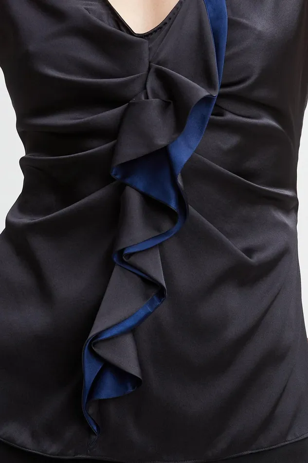Elie Tahari Silk Satin Sleeveless Ruffle Top Black Women Tops