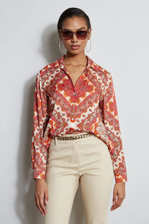 Elie Tahari Silk Tile Print Button Down Shirt Royal Tile Print Women Tops