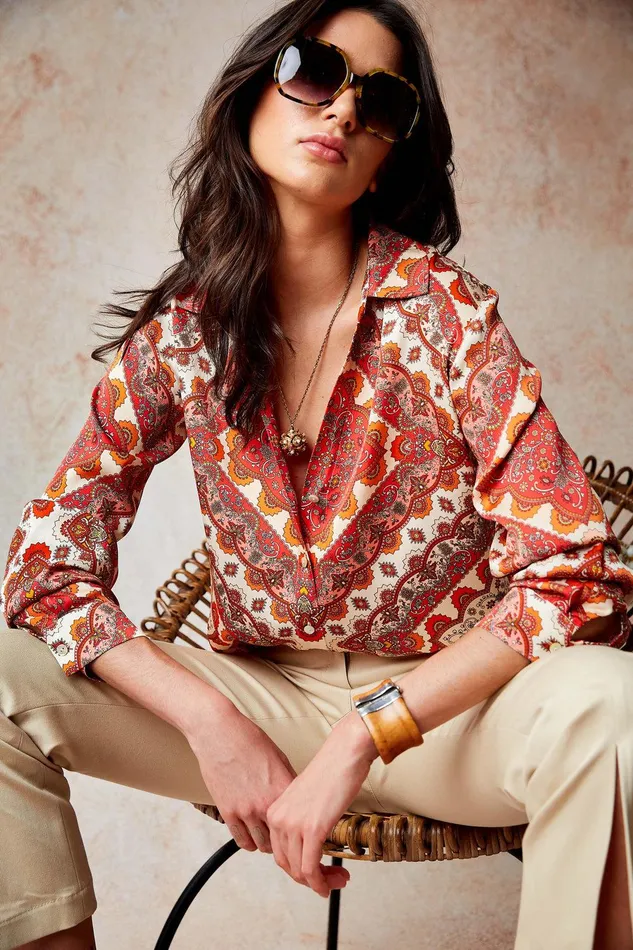 Elie Tahari Silk Tile Print Button Down Shirt Royal Tile Print Women Tops