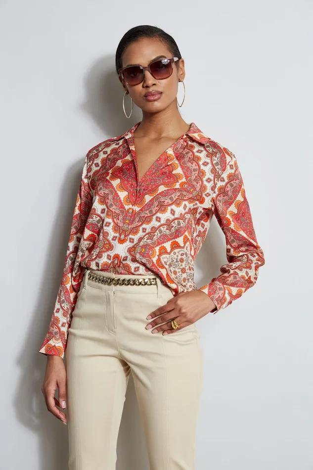 Elie Tahari Silk Tile Print Button Down Shirt Royal Tile Print Women Tops