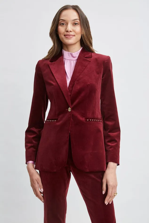 Elie Tahari Single Button Velvet Blazer Sangria Women Jackets and Blazers