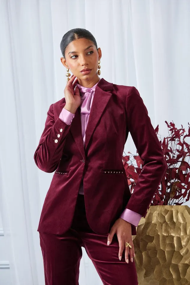 Elie Tahari Single Button Velvet Blazer Sangria Women Jackets and Blazers