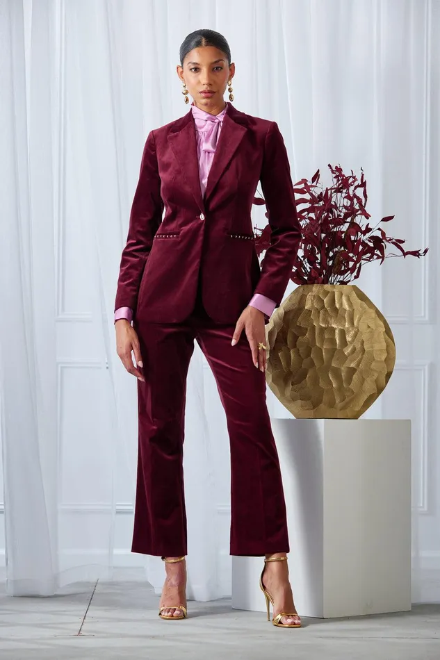 Elie Tahari Single Button Velvet Blazer Sangria Women Jackets and Blazers