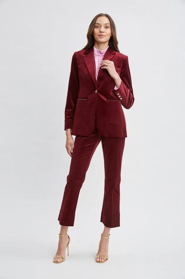 Elie Tahari Single Button Velvet Blazer Sangria Women Jackets and Blazers