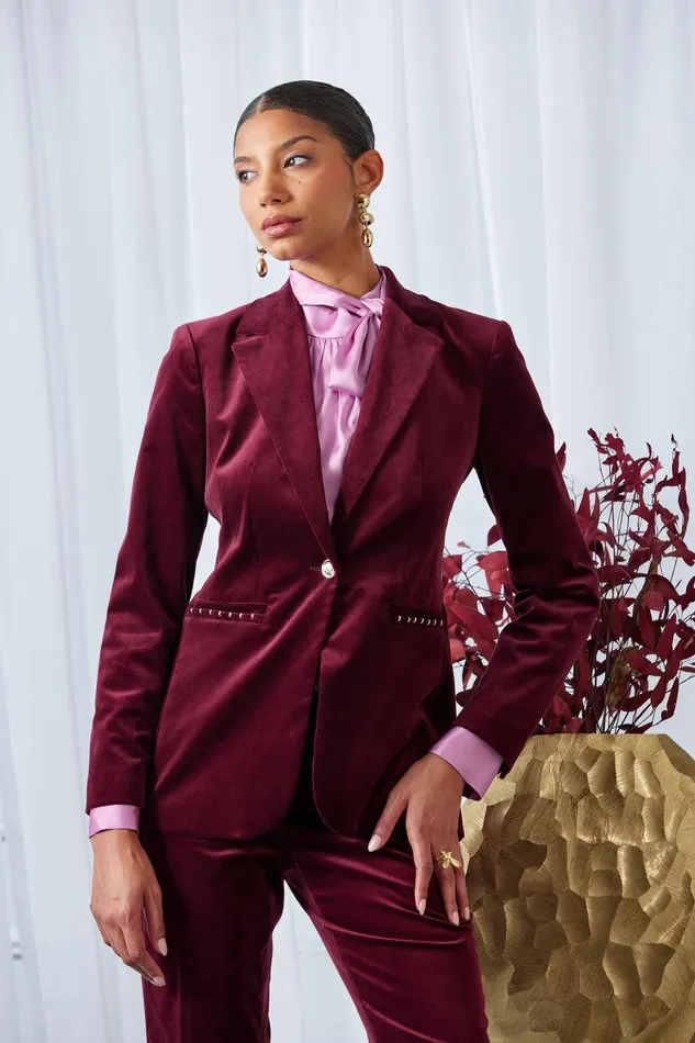 Elie Tahari Single Button Velvet Blazer Sangria Women Jackets and Blazers