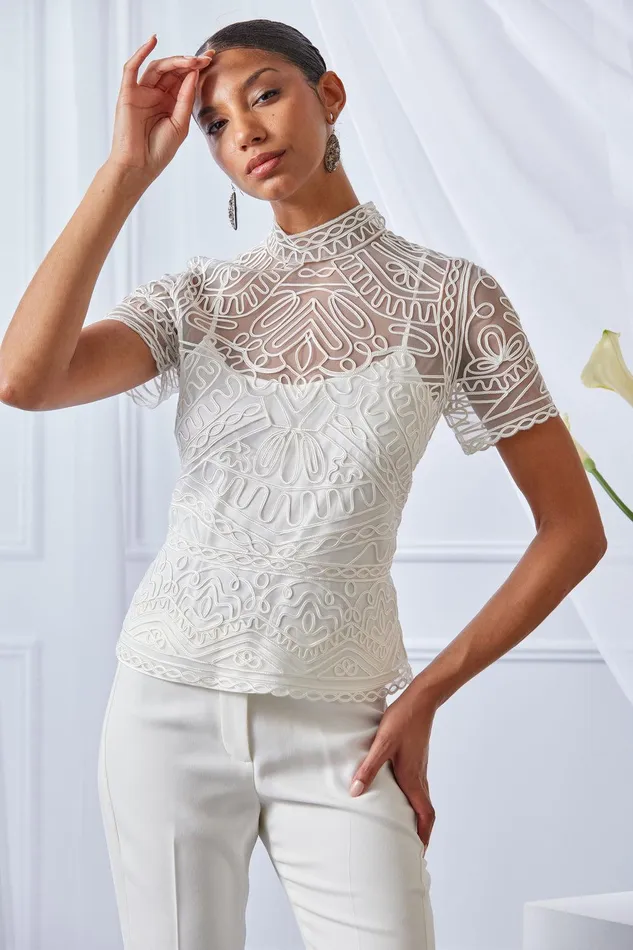 Elie Tahari Tape Applique Mock Neck Shirt Foam Women Tops
