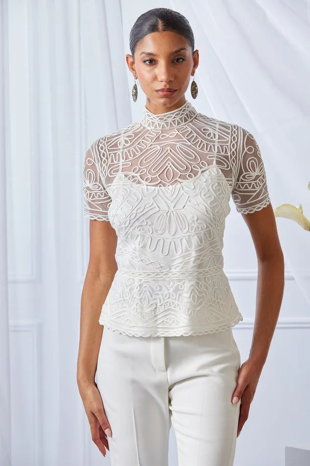 Elie Tahari Tape Applique Mock Neck Shirt Foam Women Tops