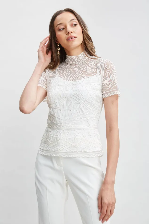 Elie Tahari Tape Applique Mock Neck Shirt Foam Women Tops
