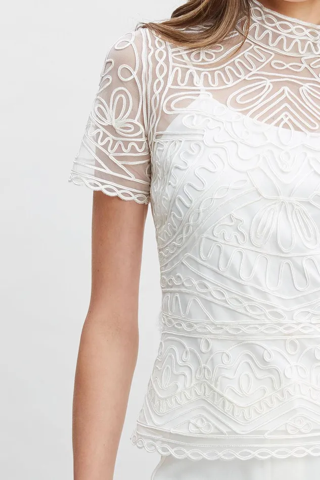 Elie Tahari Tape Applique Mock Neck Shirt Foam Women Tops