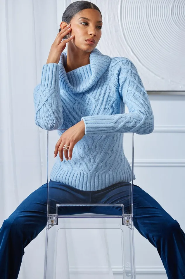 Elie Tahari Texture Turtleneck Wool Sweater Blue Dusk Women Tops