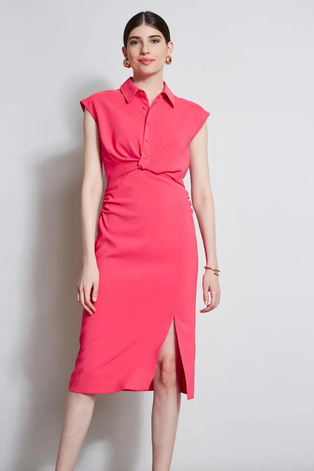 Elie Tahari Twist Button Dress Wild Strawberry Women Dresses and Jumpsuits