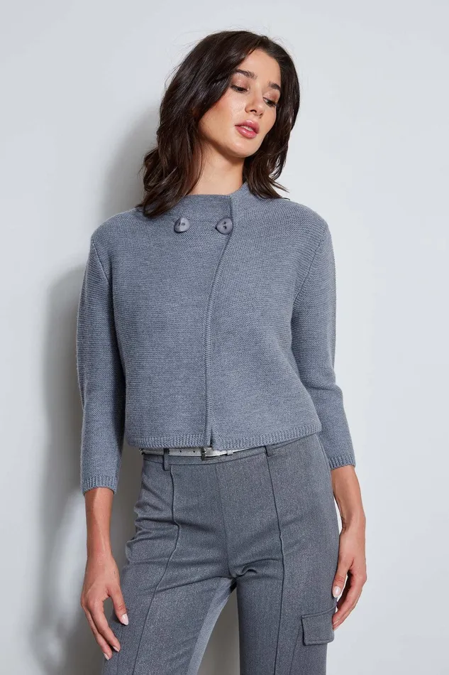 Elie Tahari Two Button Wool Sweater Grey Melange Women Tops