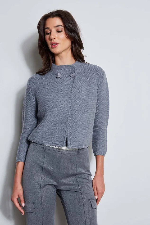 Elie Tahari Two Button Wool Sweater Grey Melange Women Tops