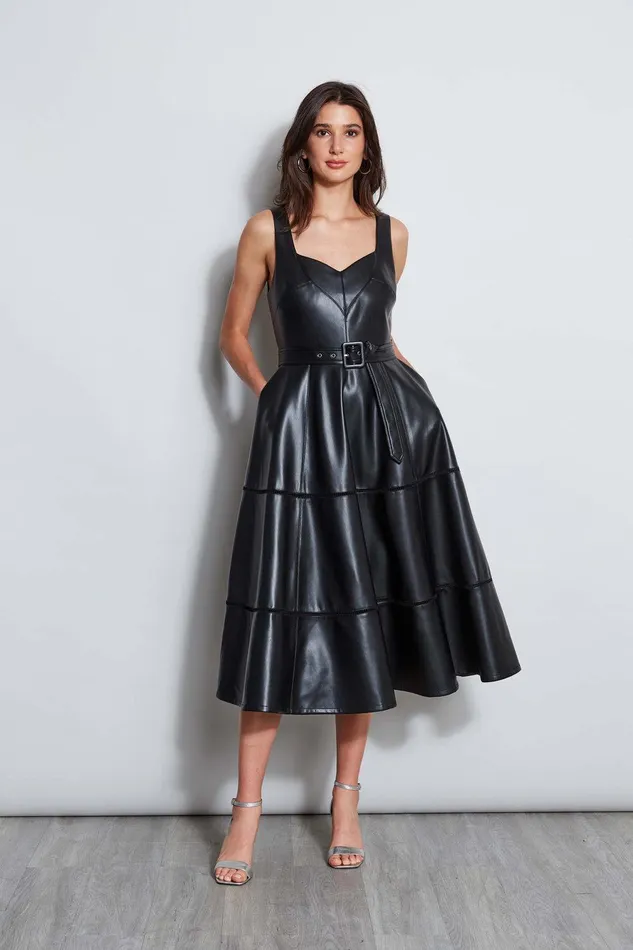 Elie Tahari Vegan Leather Fit and Flare Dress Noir Women Dresses and Jumpsuits