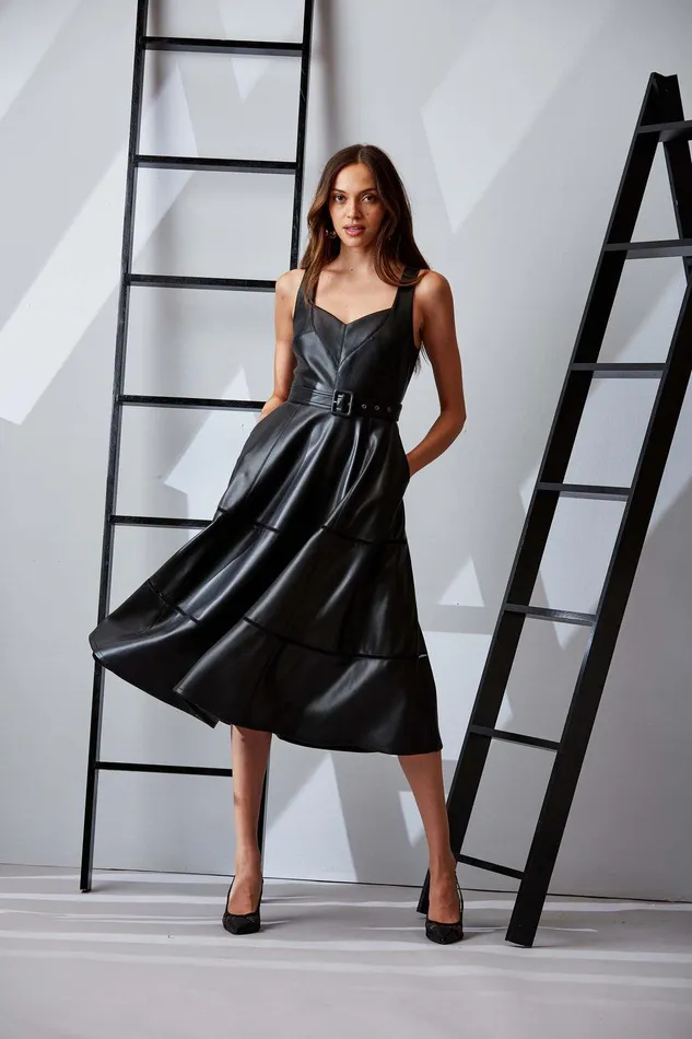 Elie Tahari Vegan Leather Fit and Flare Dress Noir Women Dresses and Jumpsuits