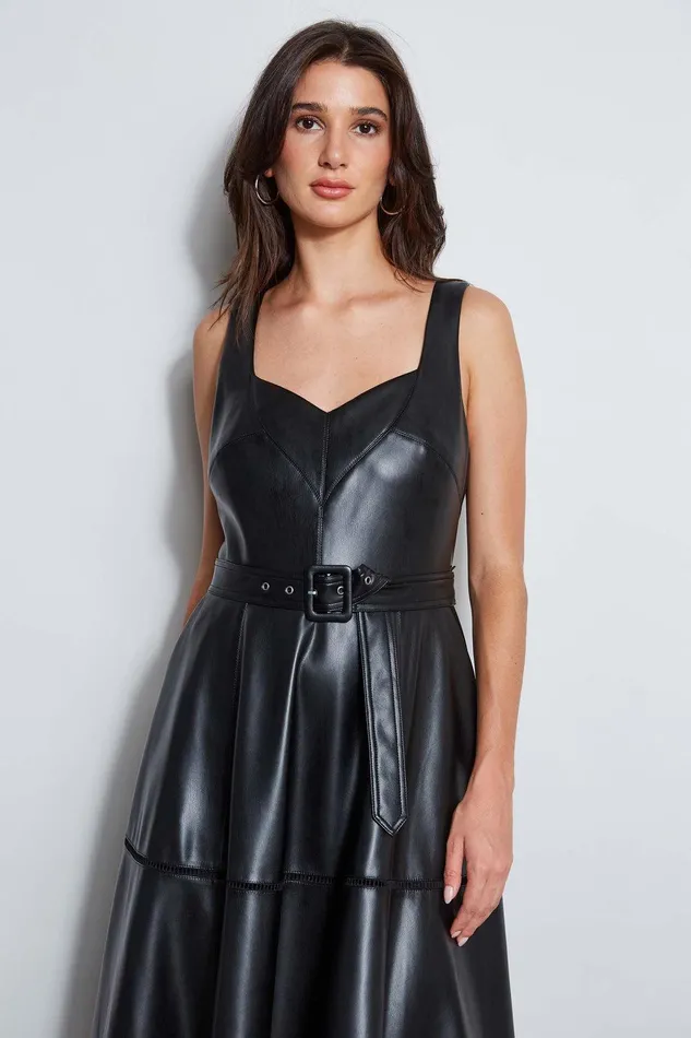 Elie Tahari Vegan Leather Fit and Flare Dress Noir Women Dresses and Jumpsuits