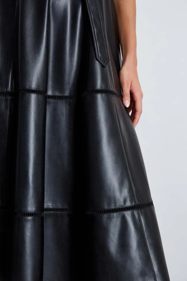 Elie Tahari Vegan Leather Fit and Flare Dress Noir Women Dresses and Jumpsuits
