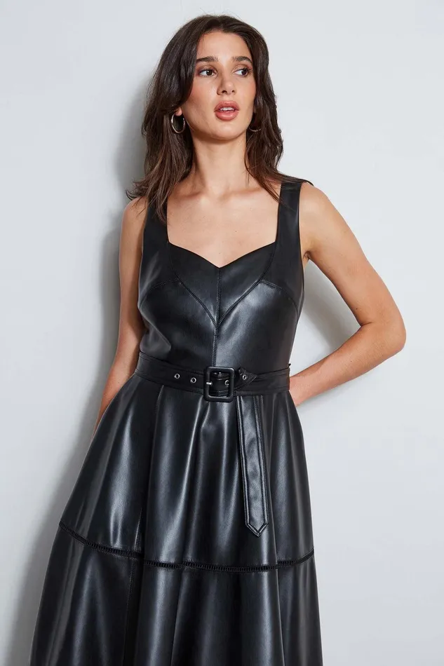 Elie Tahari Vegan Leather Fit and Flare Dress Noir Women Dresses and Jumpsuits