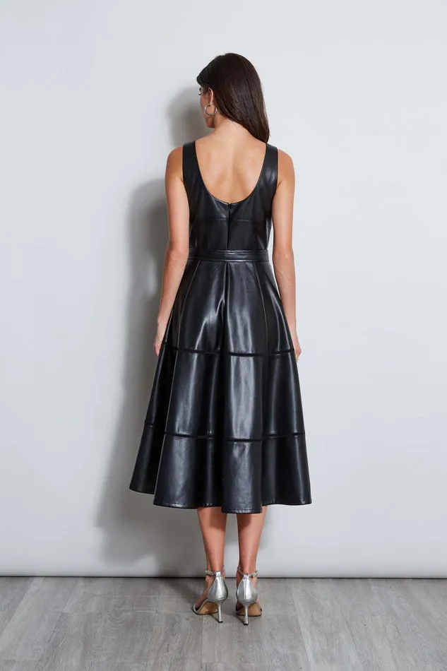 Elie Tahari Vegan Leather Fit and Flare Dress Noir Women Dresses and Jumpsuits