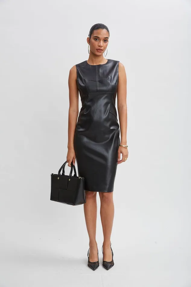 Elie Tahari Vegan Leather Side Panel Dress Black Women Dresses and Jumpsuits