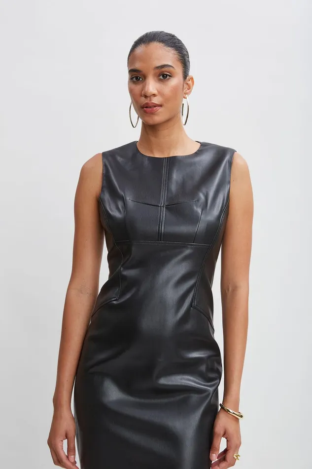 Elie Tahari Vegan Leather Side Panel Dress Black Women Dresses and Jumpsuits