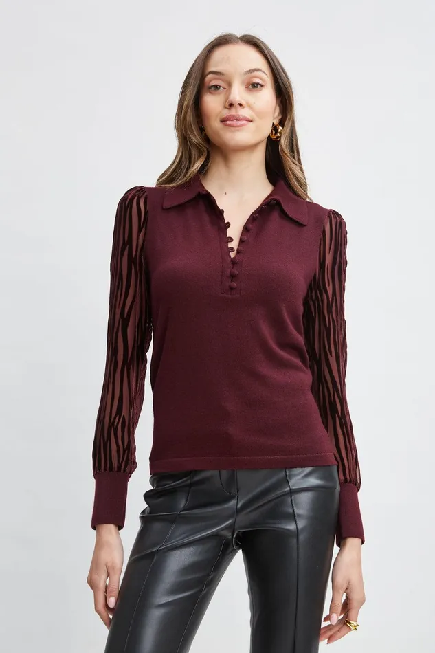 Elie Tahari Velvet Burnout Sleeve Polo Sweater Merlot Women Tops