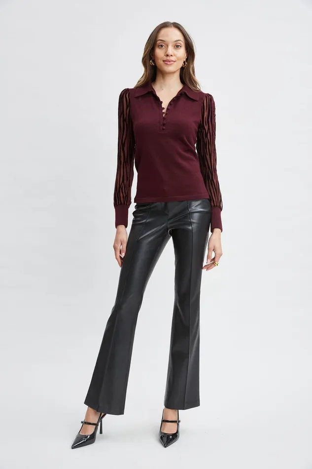 Elie Tahari Velvet Burnout Sleeve Polo Sweater Merlot Women Tops