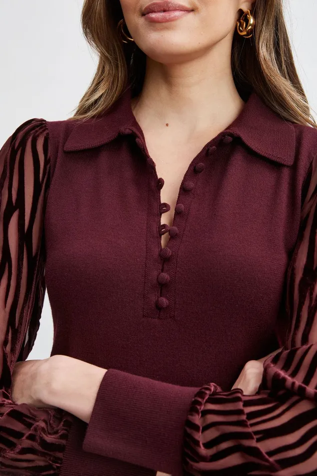 Elie Tahari Velvet Burnout Sleeve Polo Sweater Merlot Women Tops