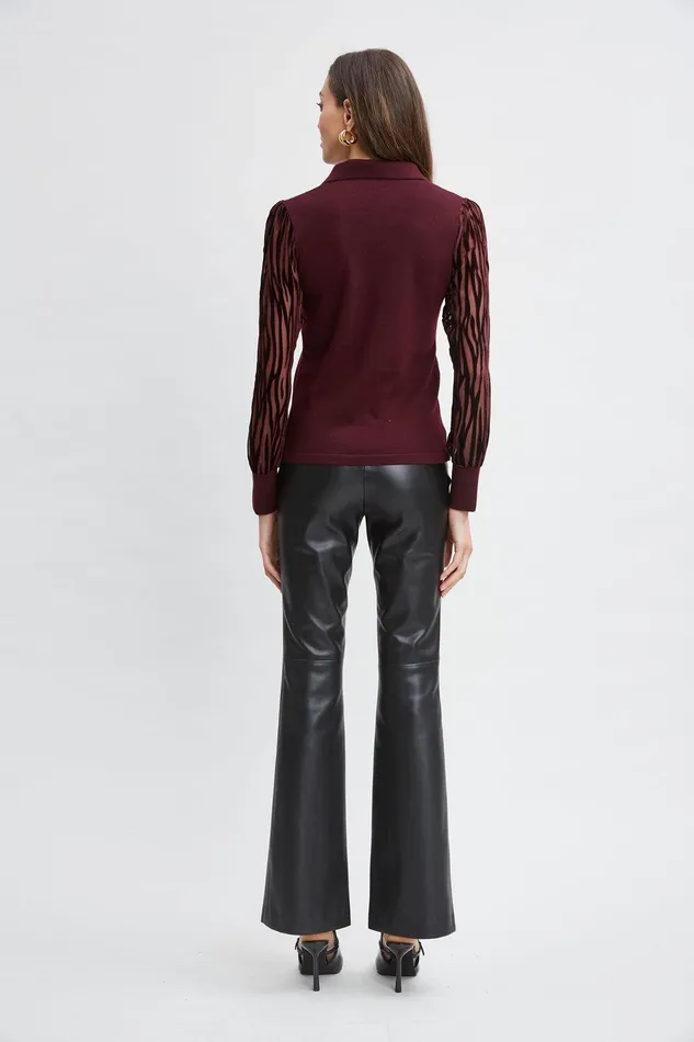 Elie Tahari Velvet Burnout Sleeve Polo Sweater Merlot Women Tops