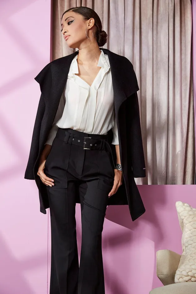 Elie Tahari Wide Leg Belted Pant Noir Women Bottoms
