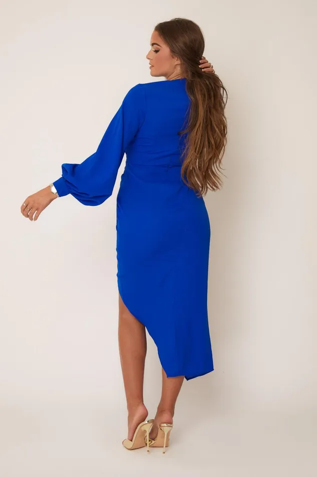 Elsa Cobalt Long Sleeve Wrap Asymmetric Dress Women Girl In Mind Wrap Dresses