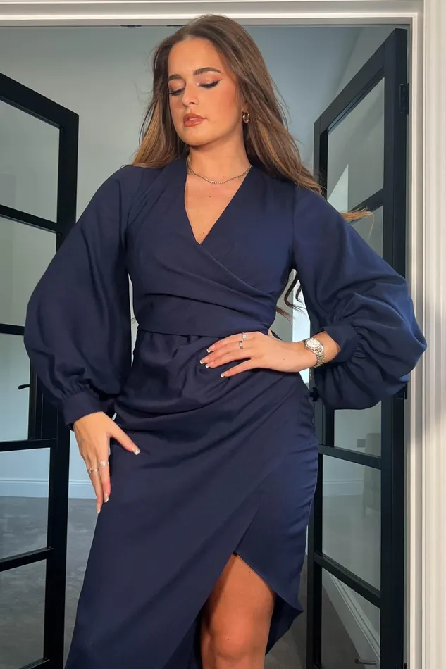 Elsa Navy Long Sleeve Wrap Asymmetric Dress Women Girl In Mind Wrap Dresses