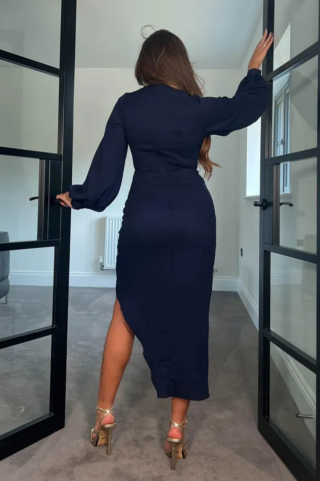 Elsa Navy Long Sleeve Wrap Asymmetric Dress Women Girl In Mind Wrap Dresses