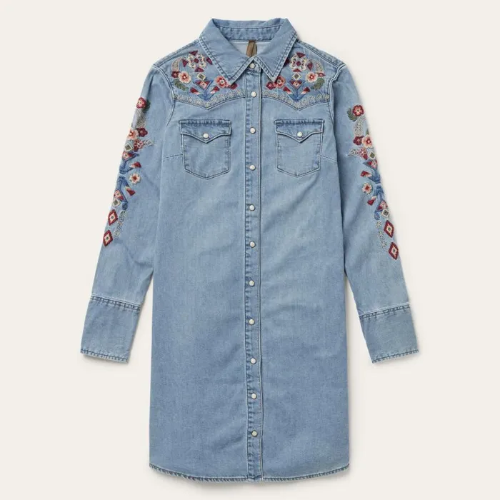 Embroidered Denim Shirt Dress Blue Women Stetson Shirt Dresses