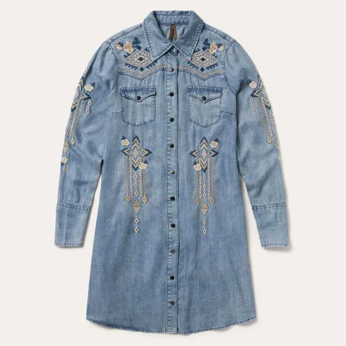 Embroidered Denim Twill Shirt Dress Blue Women Stetson Shirt Dresses