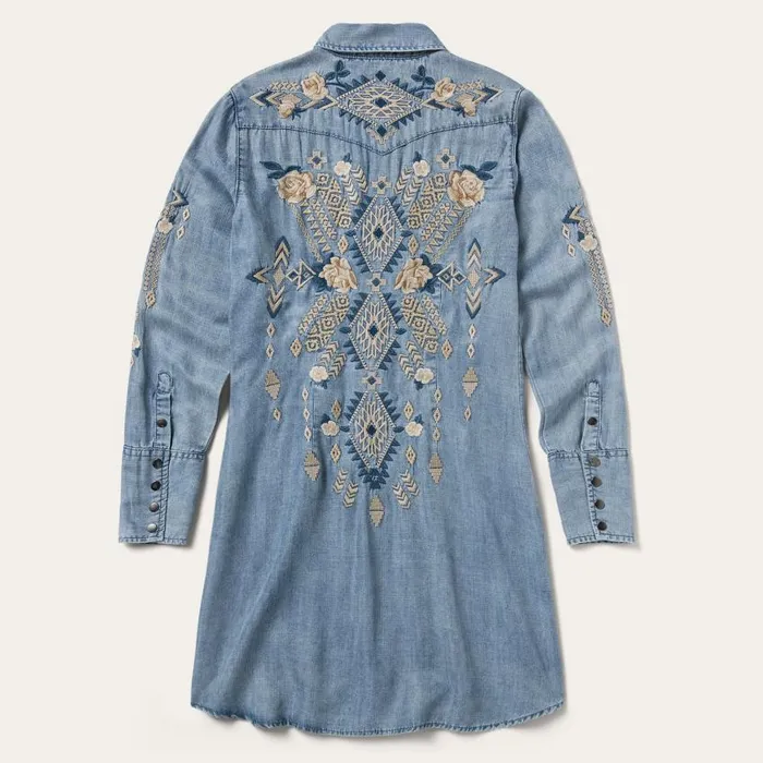 Embroidered Denim Twill Shirt Dress Blue Women Stetson Shirt Dresses