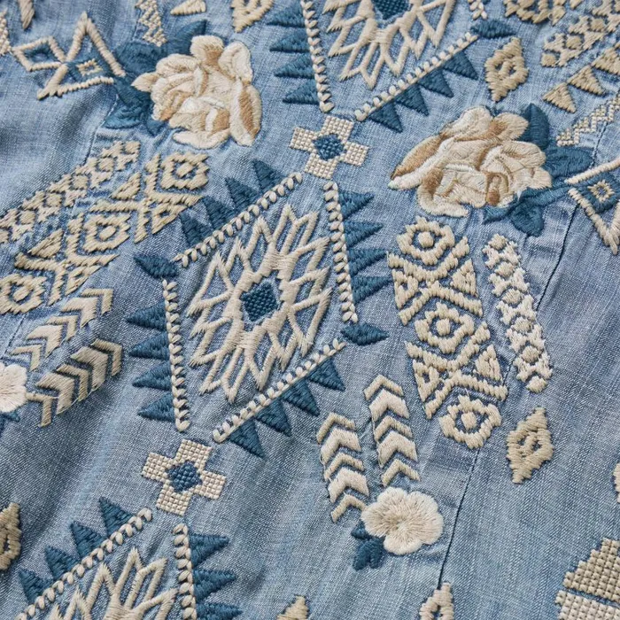 Embroidered Denim Twill Shirt Dress Blue Women Stetson Shirt Dresses