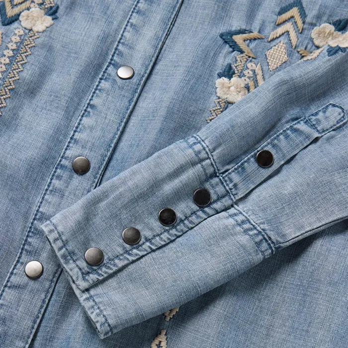 Embroidered Denim Twill Shirt Dress Blue Women Stetson Shirt Dresses