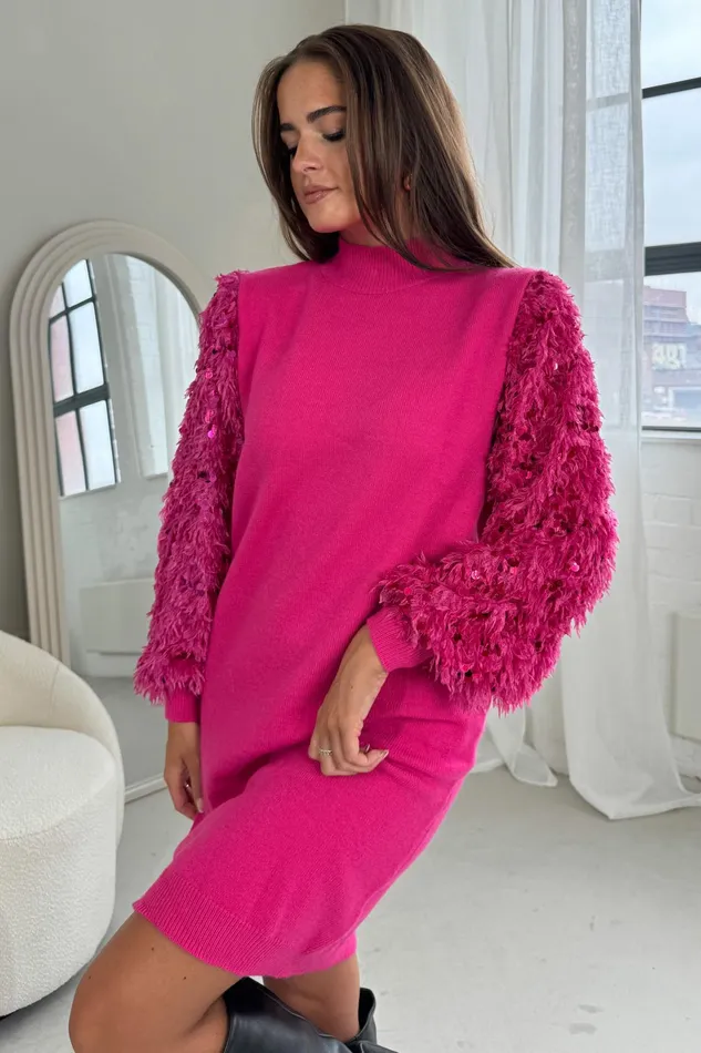 Emily Sequin Detail Jumper Dress Fuchsia Pink Women Girl In Mind Knitwear