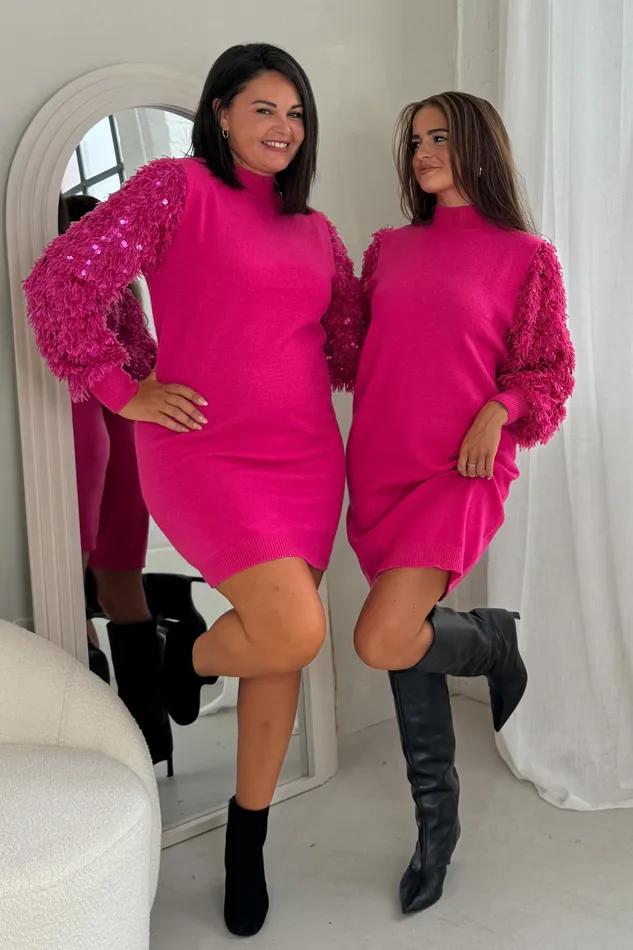 Emily Sequin Detail Jumper Dress Fuchsia Pink Women Girl In Mind Knitwear