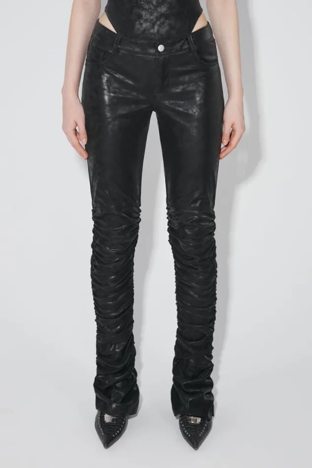 Faded Faux Leather Ruched Trousers Black Women MISBHV Trousers